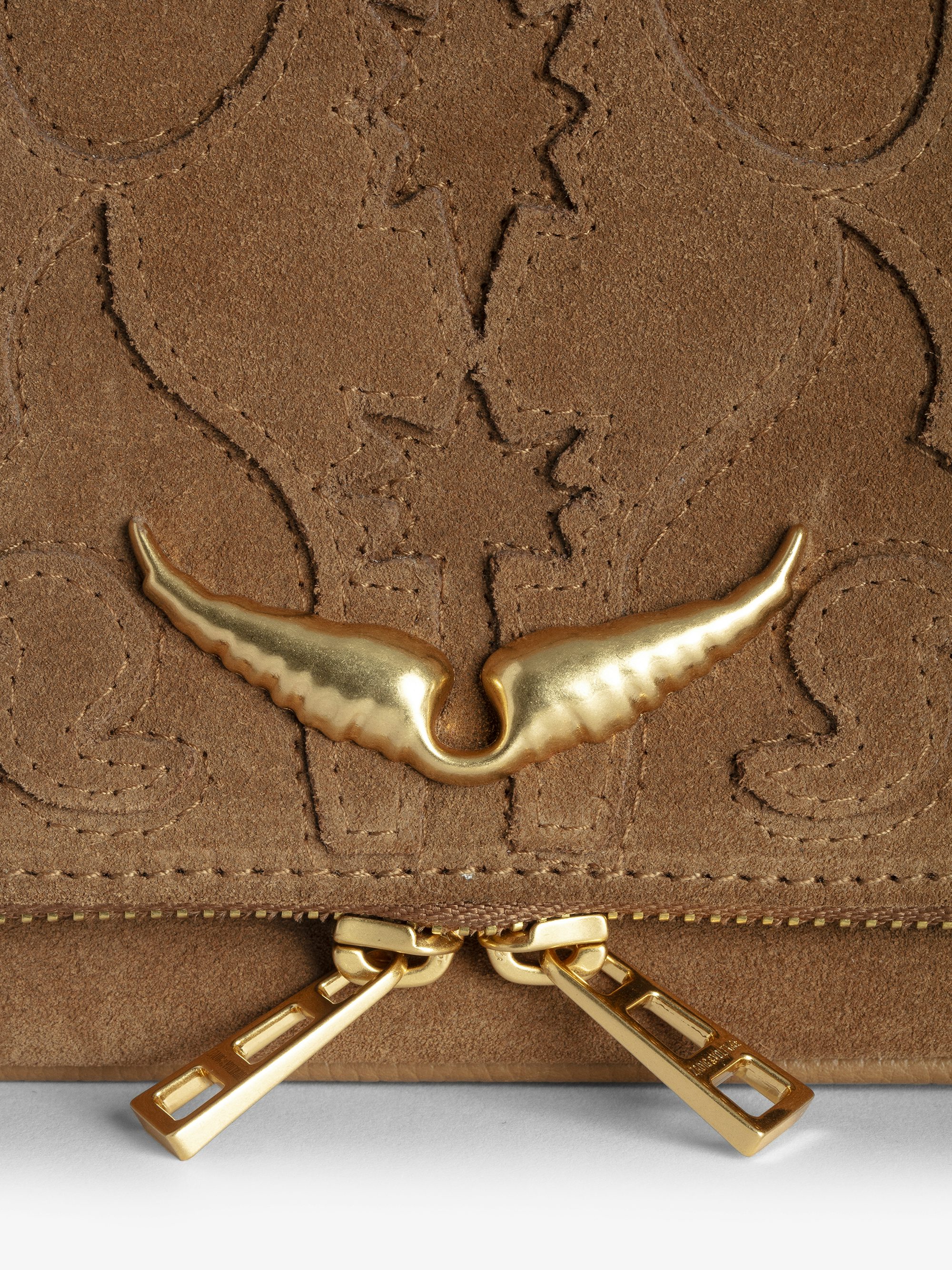 Rock Suede Clutch - Western suede leather clutch with double chain and wing signatures.